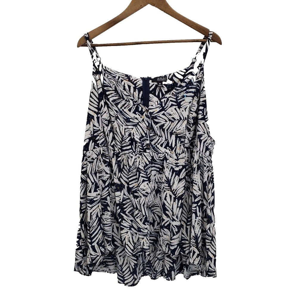 A.n.a Womens Navy Blue Babydoll Tank Top Size 5X Sleeveless Palm Leaf‎ Zip Back